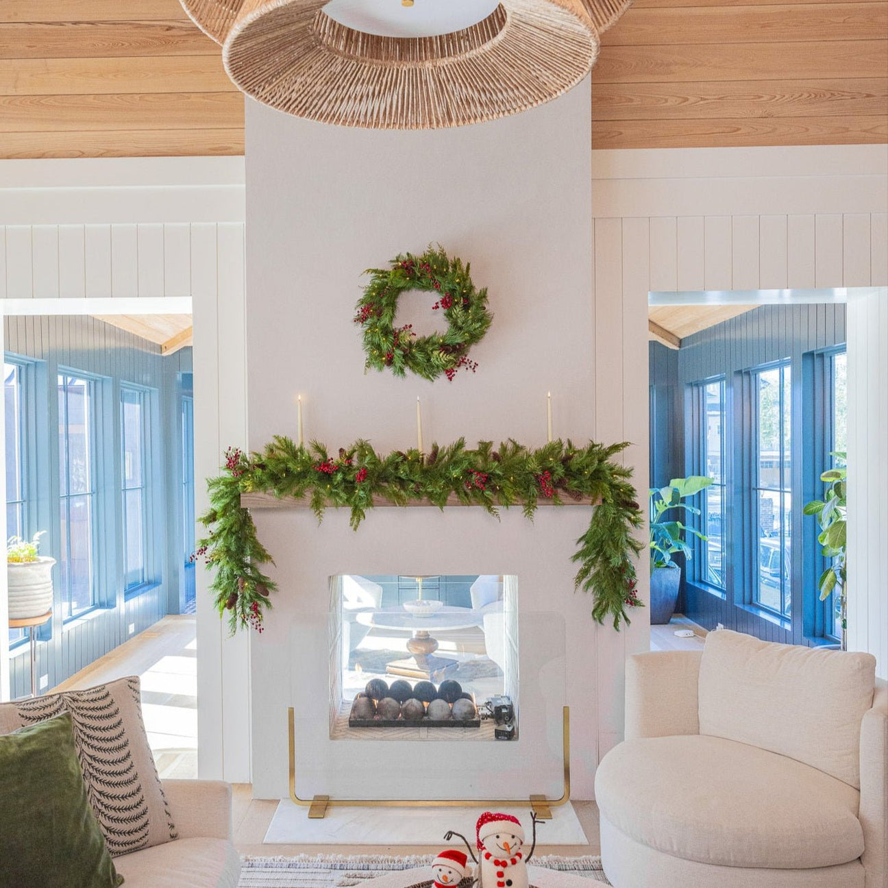 Artificial Christmas garland glowing with timer set
